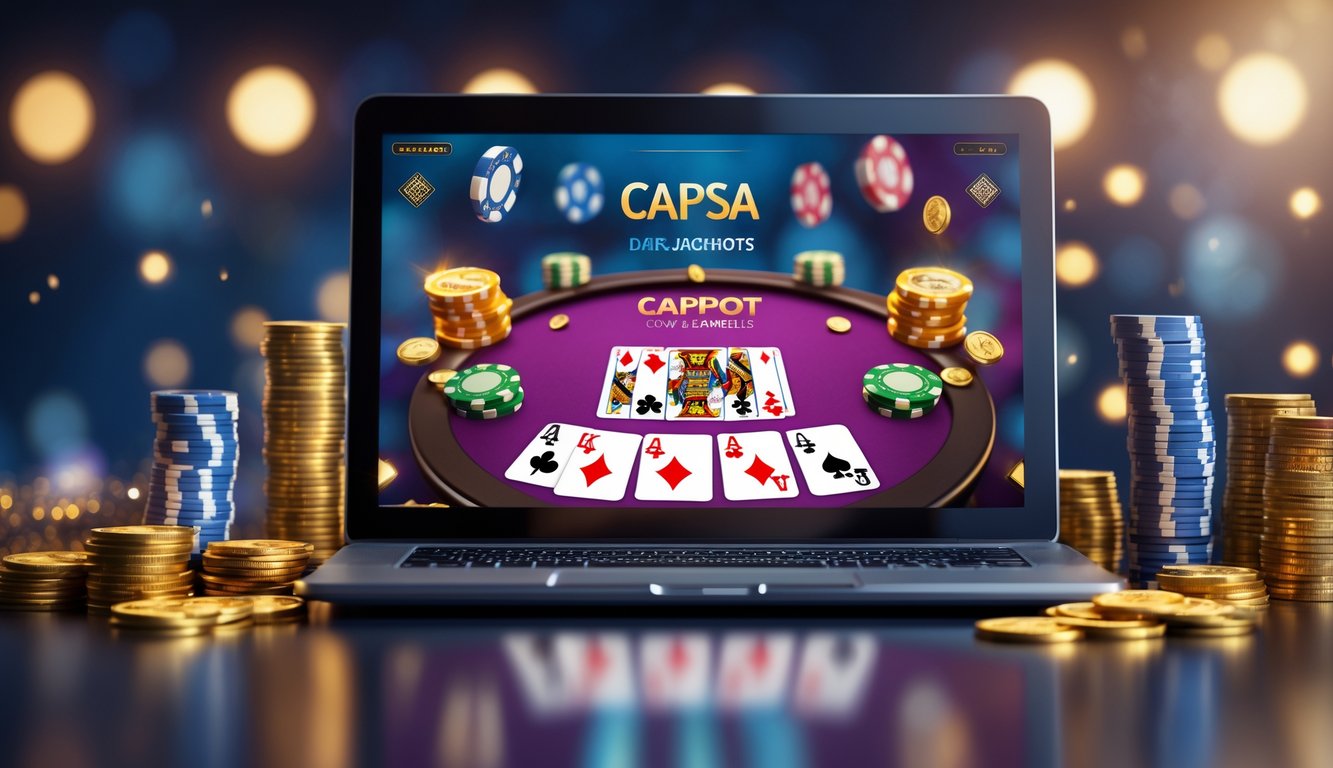 Layar komputer menampilkan permainan kartu Capsa online dengan tumpukan chip poker dan koin emas di sekitarnya.