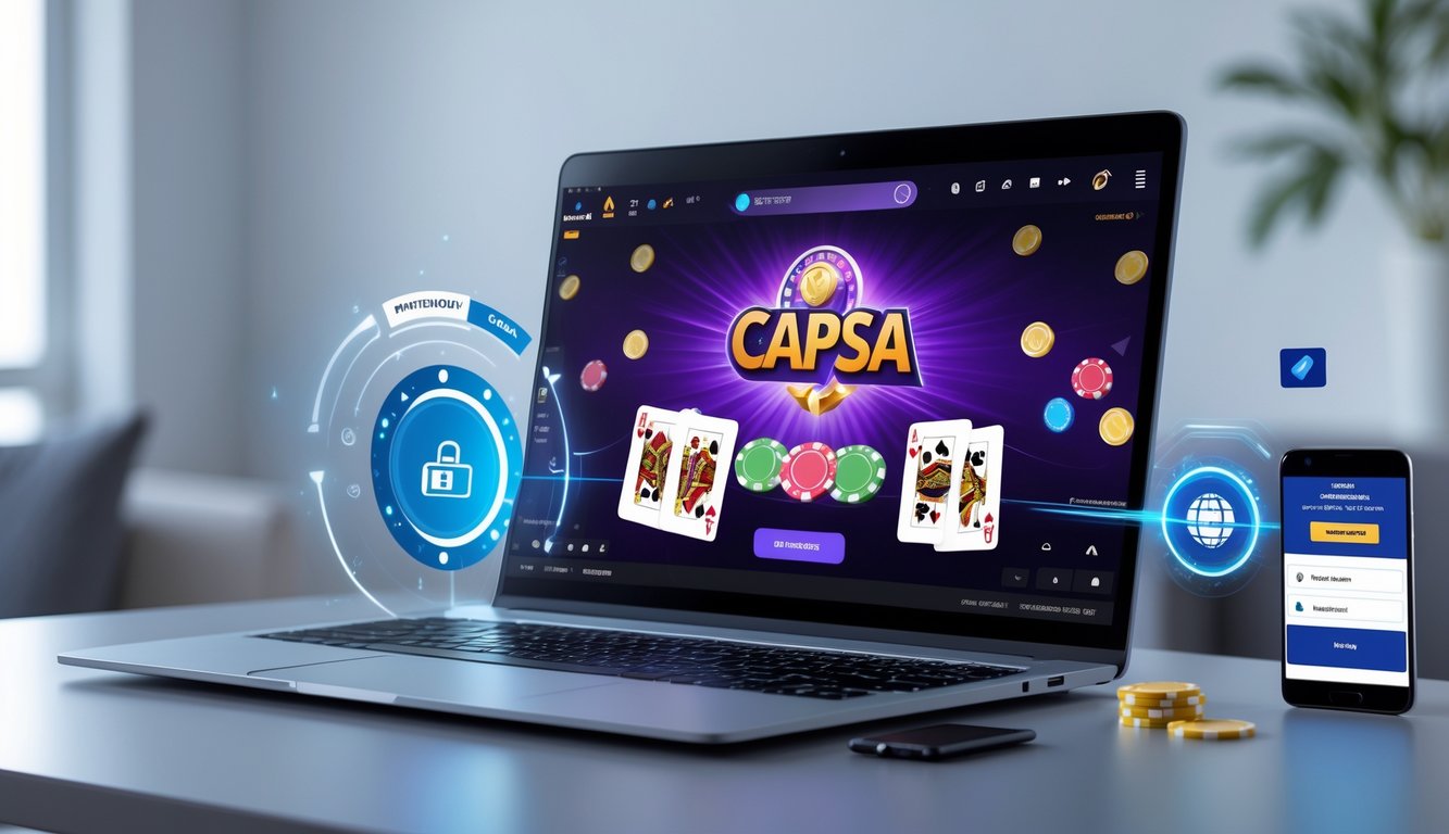 Sebuah meja dengan komputer menampilkan permainan kartu Capsa online dan perangkat pembayaran digital di sekitarnya.