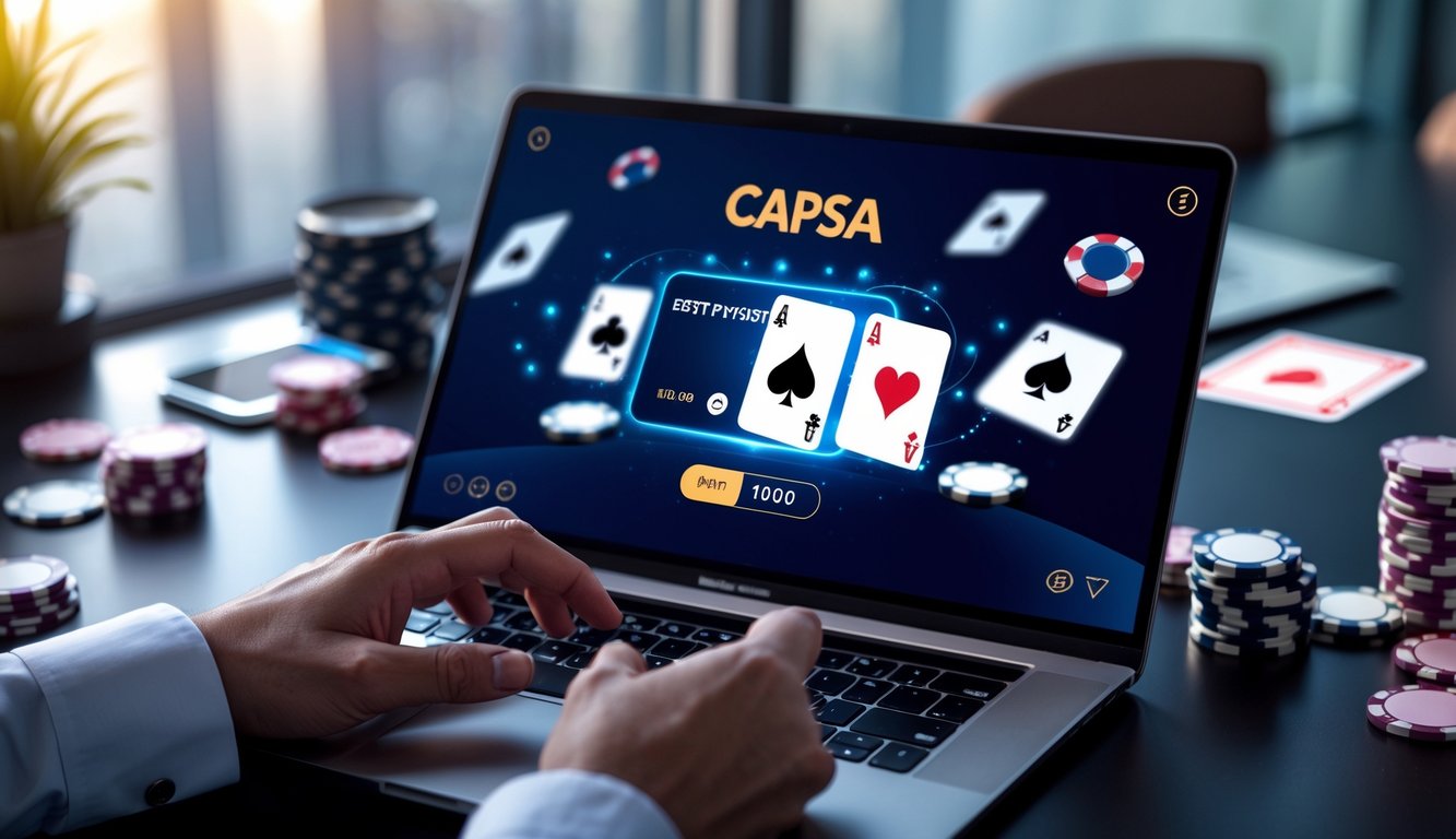 Seorang pria menggunakan laptop dan ponsel pintar dengan tampilan permainan kartu Capsa dan konfirmasi pembayaran cepat di meja kerja modern.