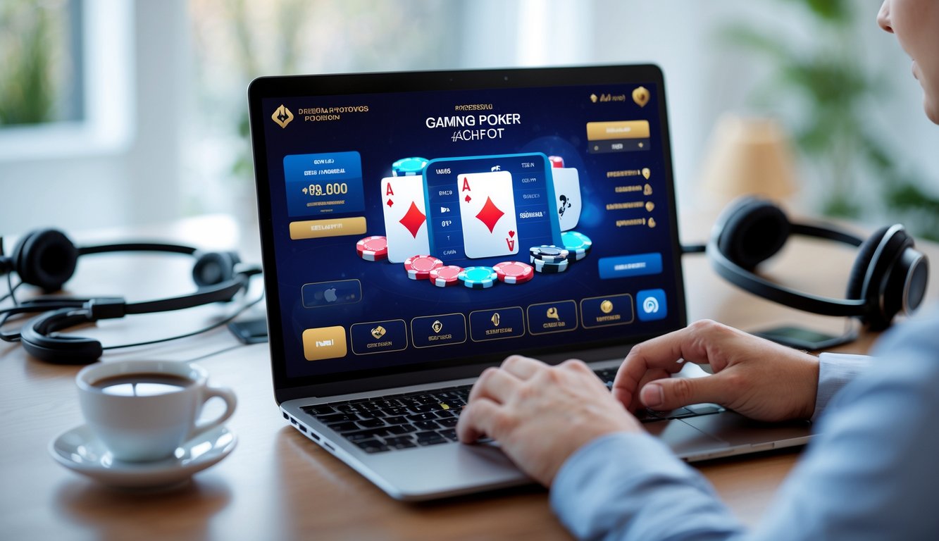 Seseorang menggunakan laptop dengan permainan kartu digital di layar di meja kerja yang rapi dan terang.