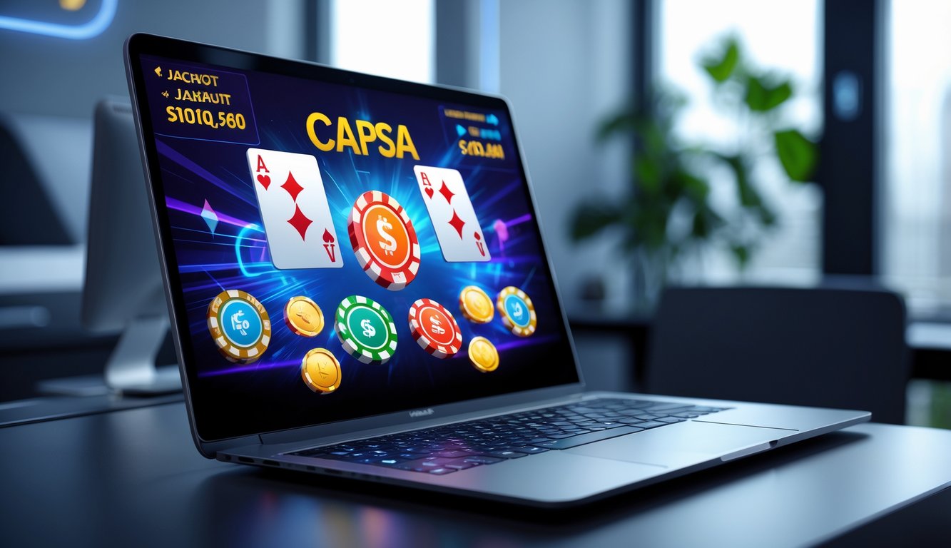 Seorang pengguna komputer dengan layar menampilkan permainan kartu Capsa dan simbol jackpot di lingkungan yang aman dan profesional.