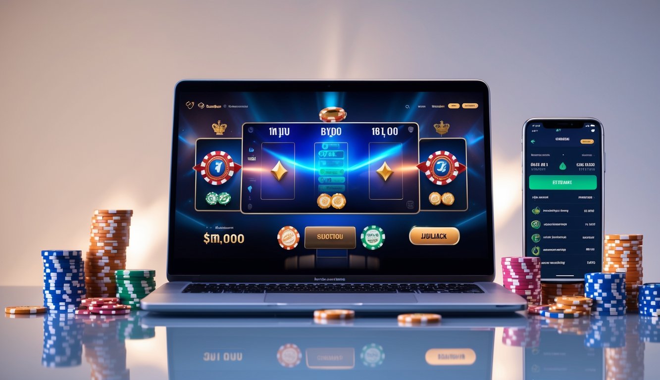 Sebuah laptop dengan tampilan permainan judi capsa online, dikelilingi oleh chip poker dan kartu remi di atas meja.