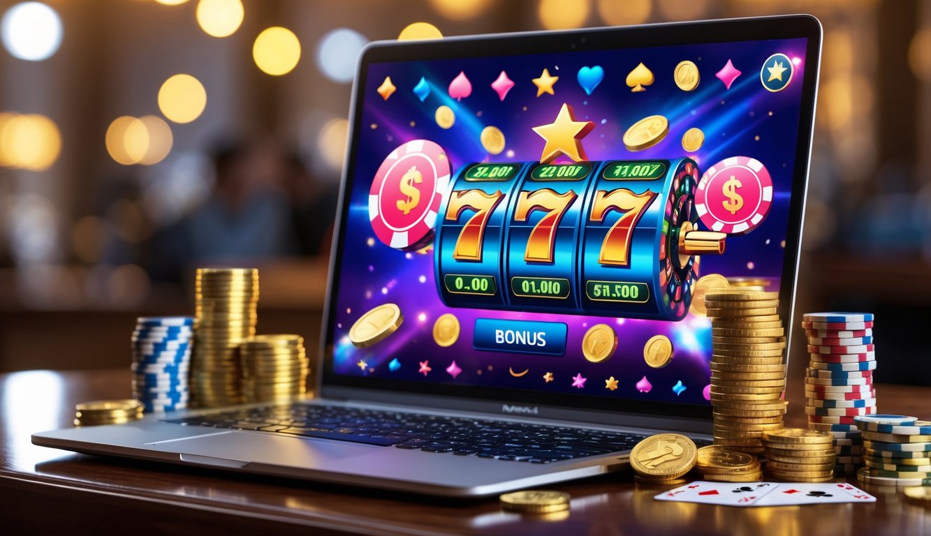 Seorang pemain menggunakan laptop dengan tampilan mesin slot online dan tumpukan chip poker serta koin di atas meja kayu.