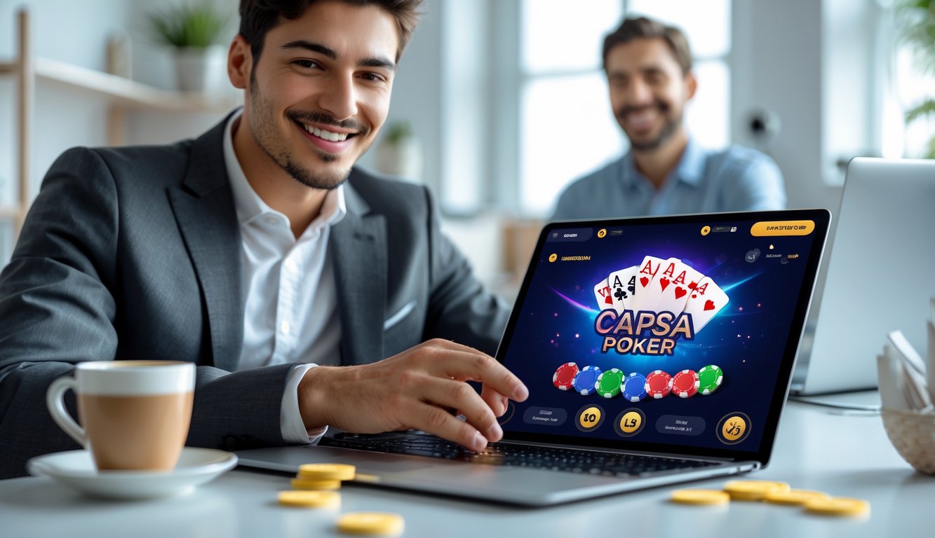 Seseorang sedang bermain permainan Capsa poker online di laptop dengan suasana ruangan yang nyaman dan modern.