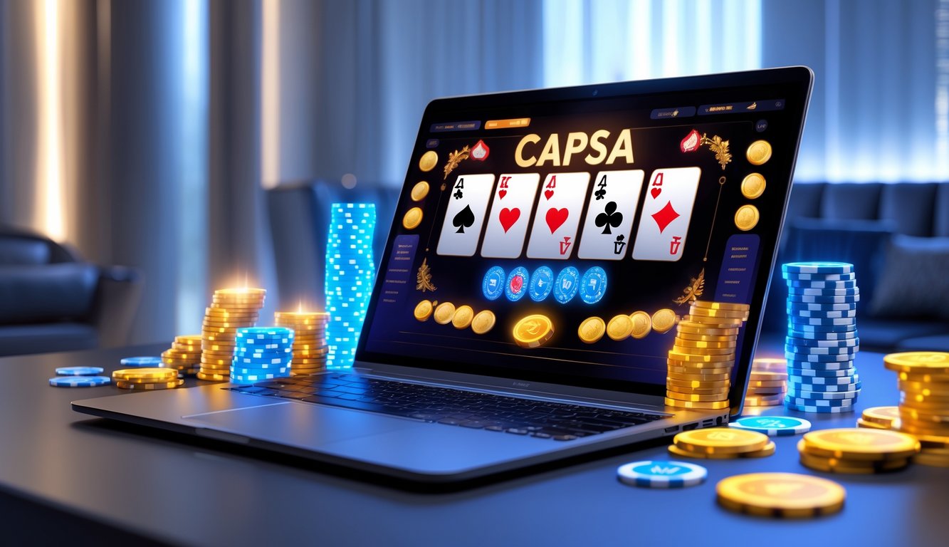 Sebuah setup permainan judi online Capsa dengan kartu dan chip poker di layar komputer dalam suasana gaming yang modern dan profesional.
