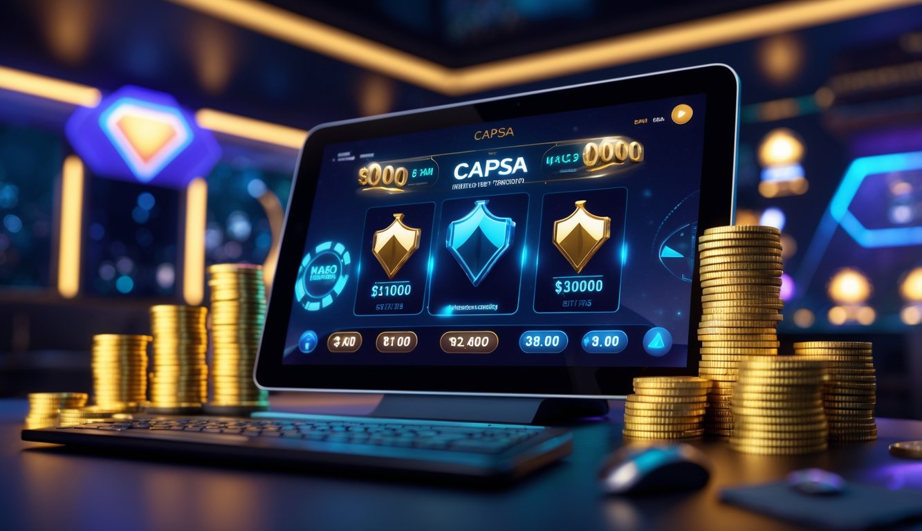 Sebuah ruangan permainan modern dengan layar digital yang menampilkan permainan kartu Capsa dan simbol jackpot progresif.