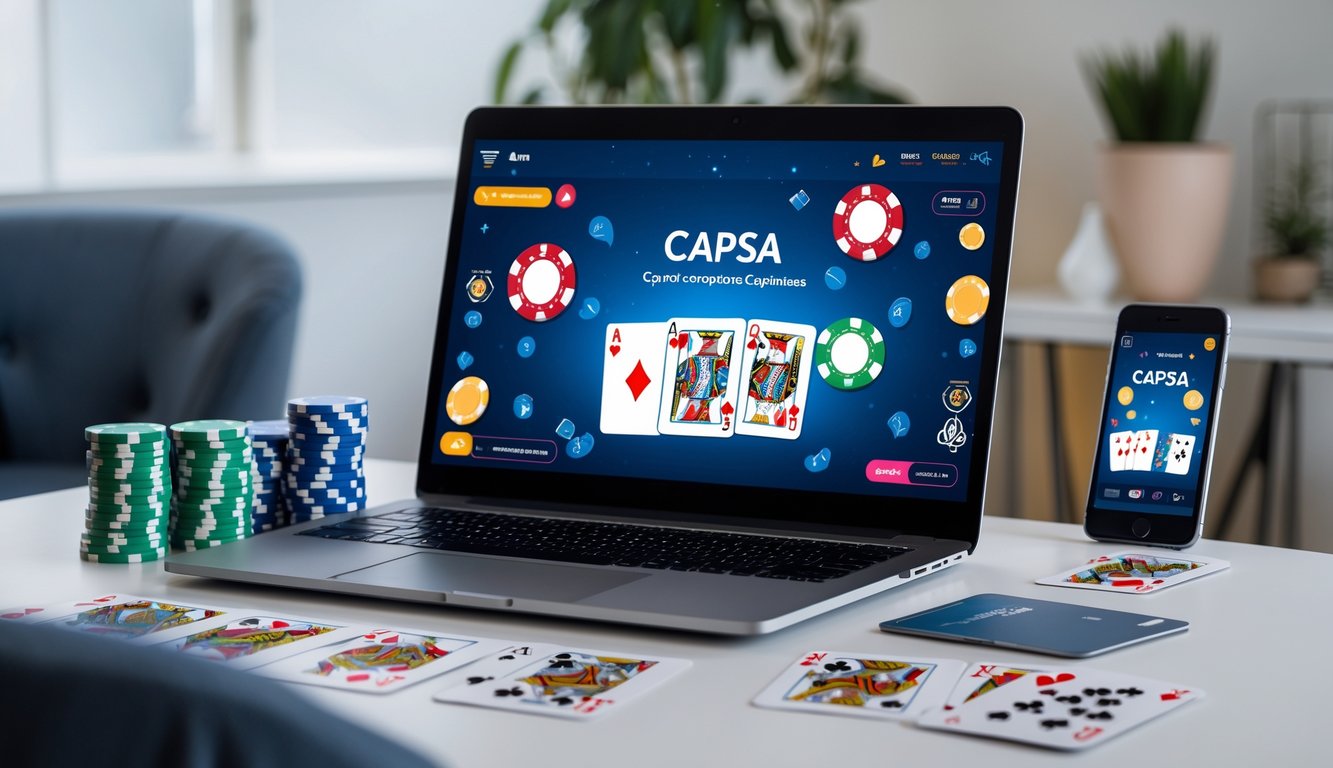 Sebuah meja dengan komputer menampilkan permainan kartu Capsa online, dikelilingi oleh chip poker dan kartu remi, dengan suasana yang terang dan rapi.