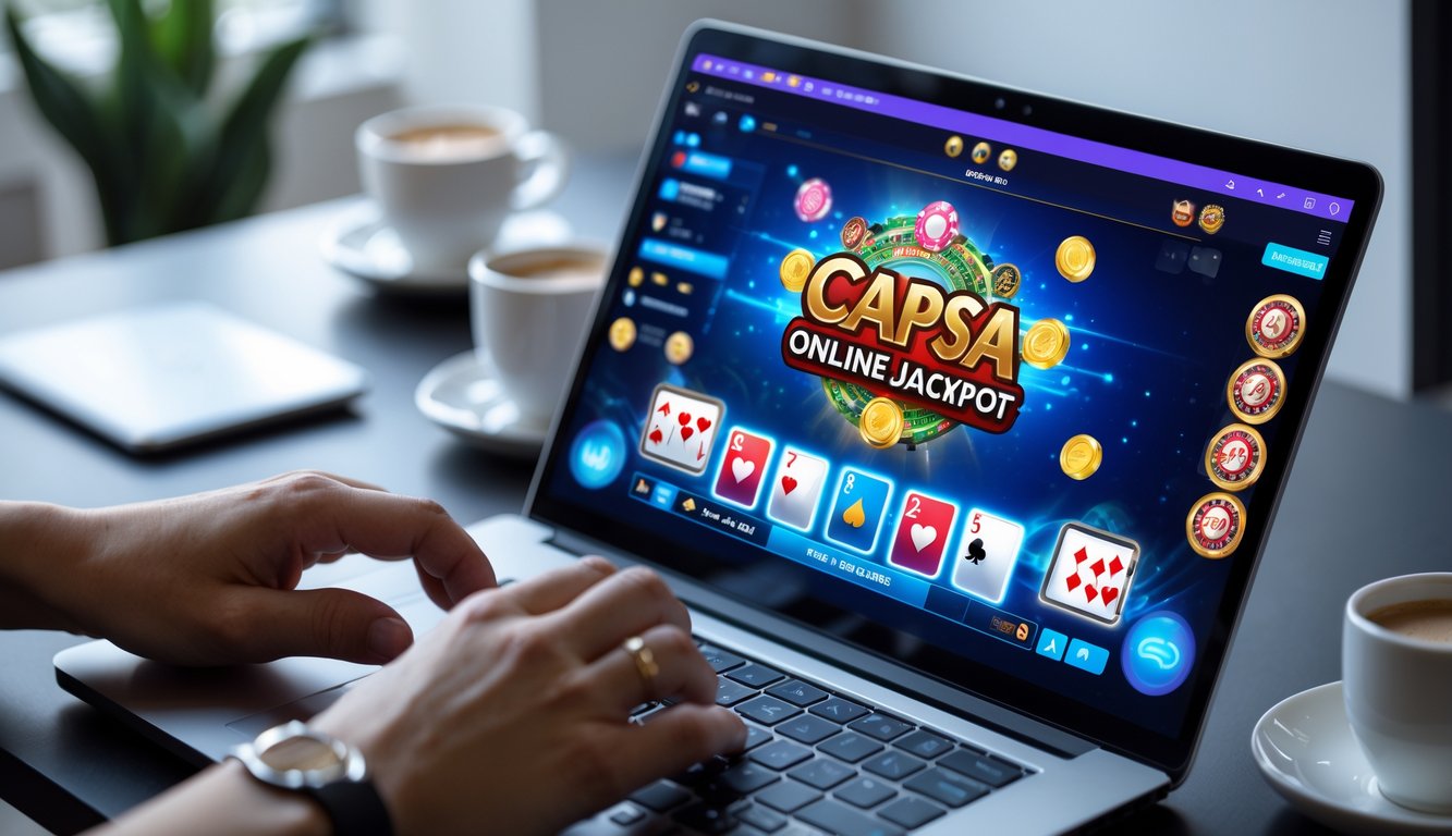 Seseorang sedang bermain judi Capsa online di laptop dengan kartu dan chip di layar, di meja kerja yang rapi.