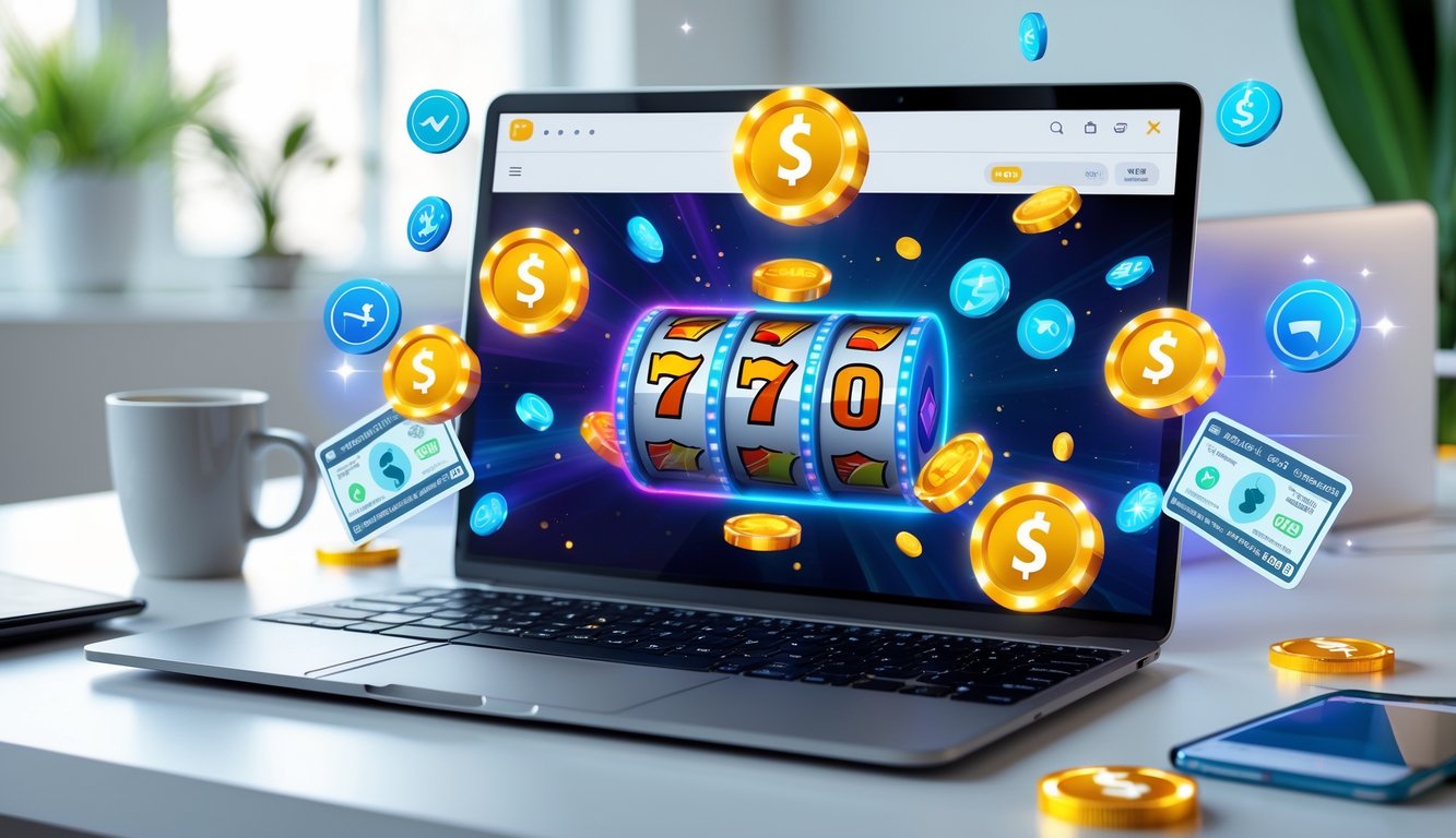 Seorang pengguna sedang bermain judi Capsa online di laptop dengan latar belakang simbol bonus dan cashback.