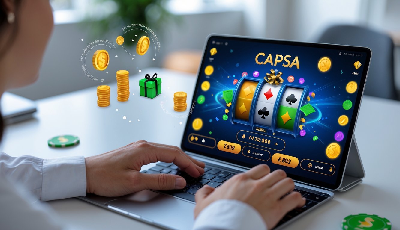 Seseorang menggunakan perangkat digital untuk bermain judi Capsa online dengan tampilan kartu dan chip di layar.