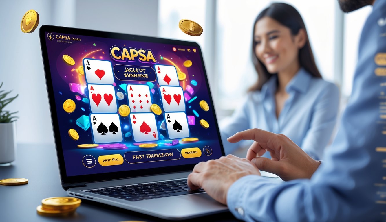 Seseorang menggunakan perangkat digital untuk bermain permainan kartu Capsa online dengan suasana profesional dan modern.