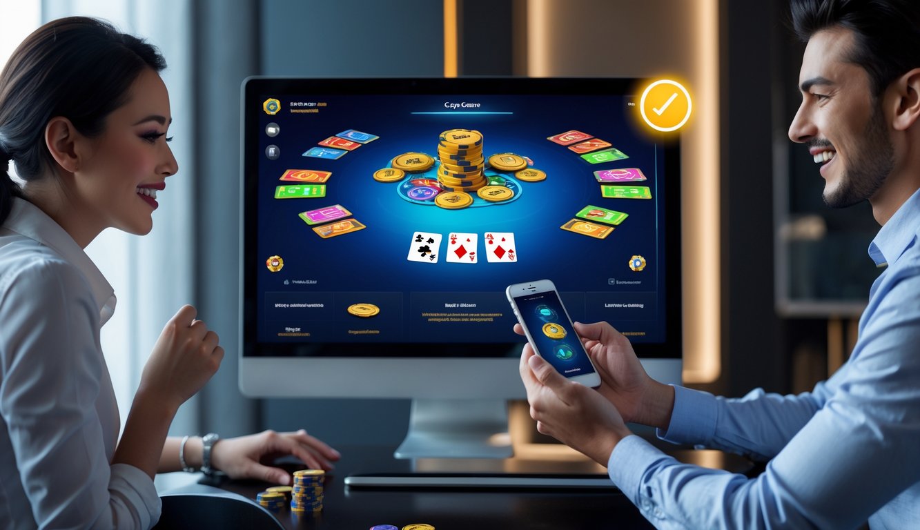 Dua orang muda sedang bermain permainan Capsa online dengan perangkat digital di lingkungan rumah atau kantor yang modern.