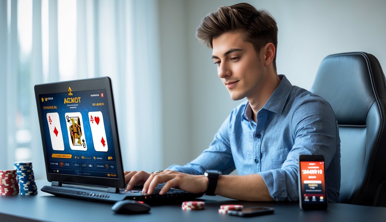 Seorang pria muda duduk di meja gaming modern sambil bermain permainan kartu online di laptop dengan tumpukan chip poker di sampingnya.