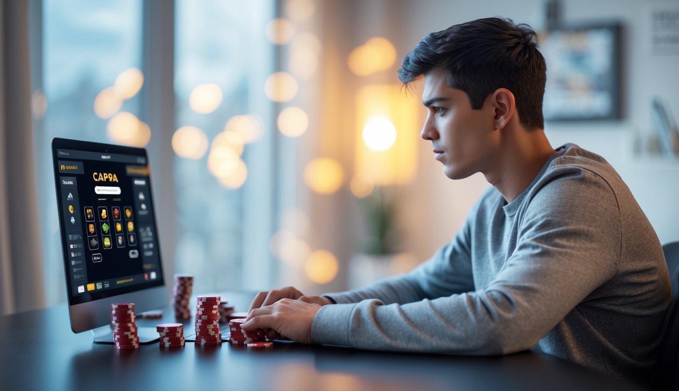 Seorang pria muda duduk di meja dengan laptop dan kartu remi, fokus bermain permainan kartu online di ruang kerja yang terang.