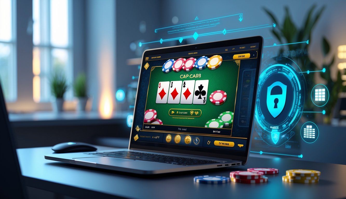 Seorang pengguna sedang bermain permainan kartu online di laptop dengan simbol keamanan digital di sekitarnya.