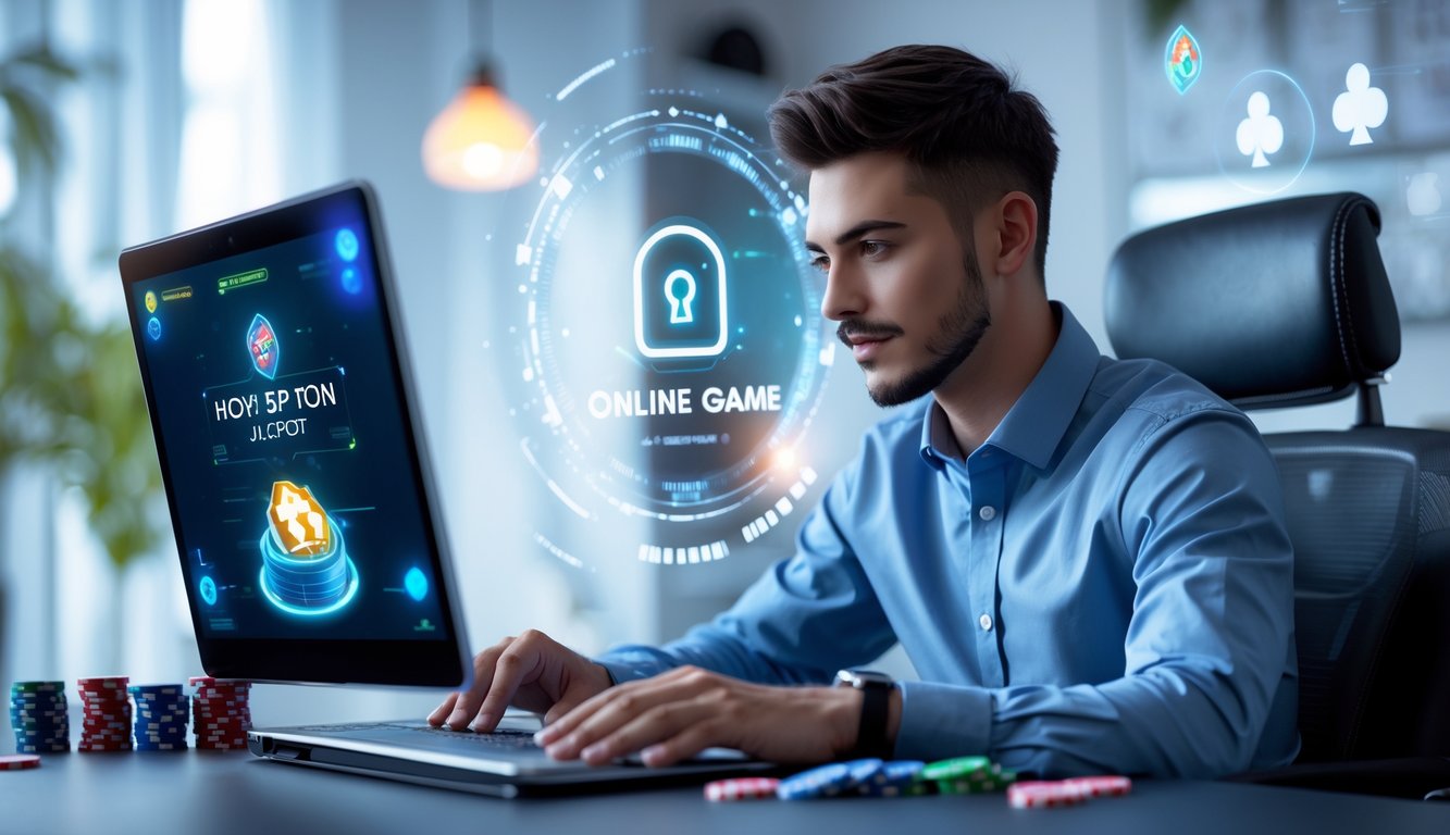 Seorang pria muda duduk di meja modern menggunakan laptop untuk bermain judi caps online dengan suasana ruangan yang terang dan rapi.