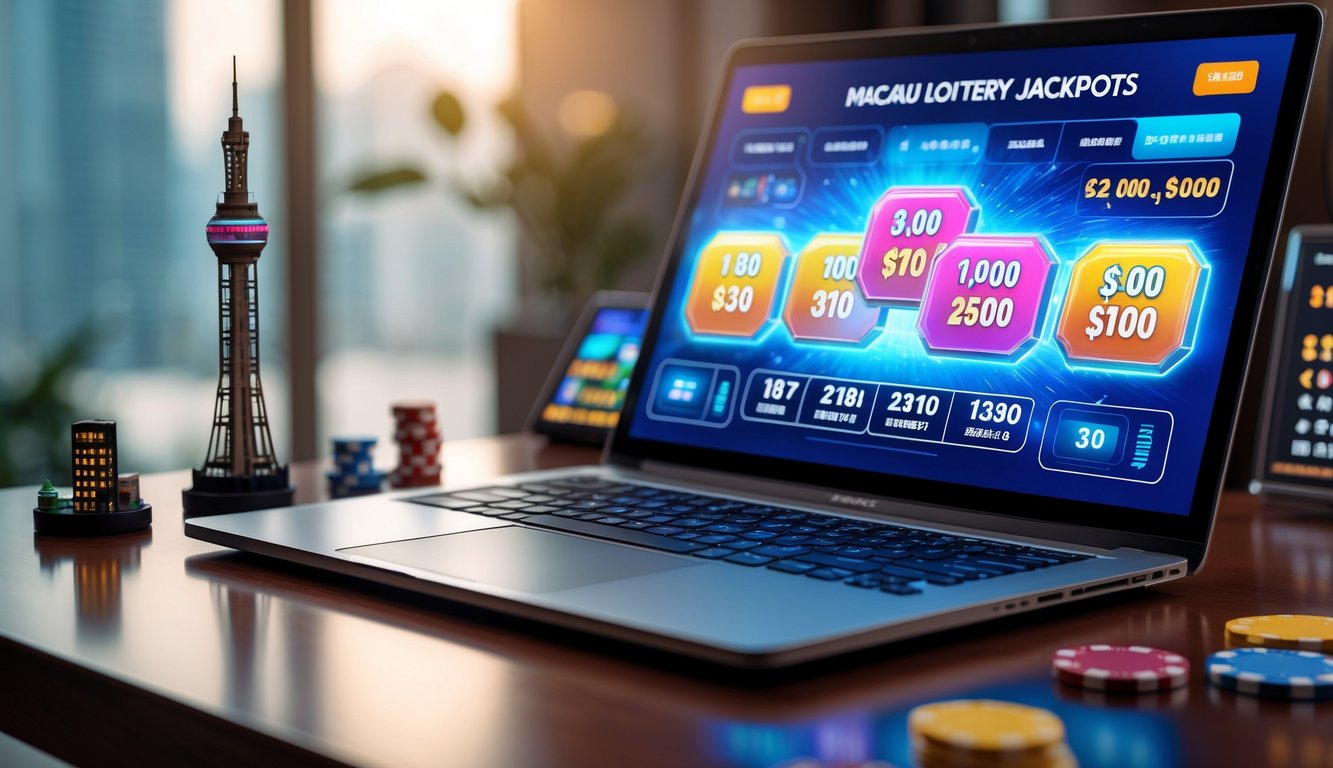 Seorang pria menggunakan laptop di meja dengan model Menara Macau dan chip kasino di sekitarnya.