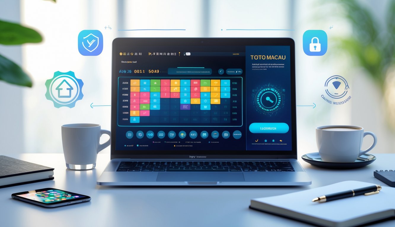 Ruang kerja modern dengan laptop yang menampilkan tampilan platform lotere online dan simbol keamanan di sekitarnya.
