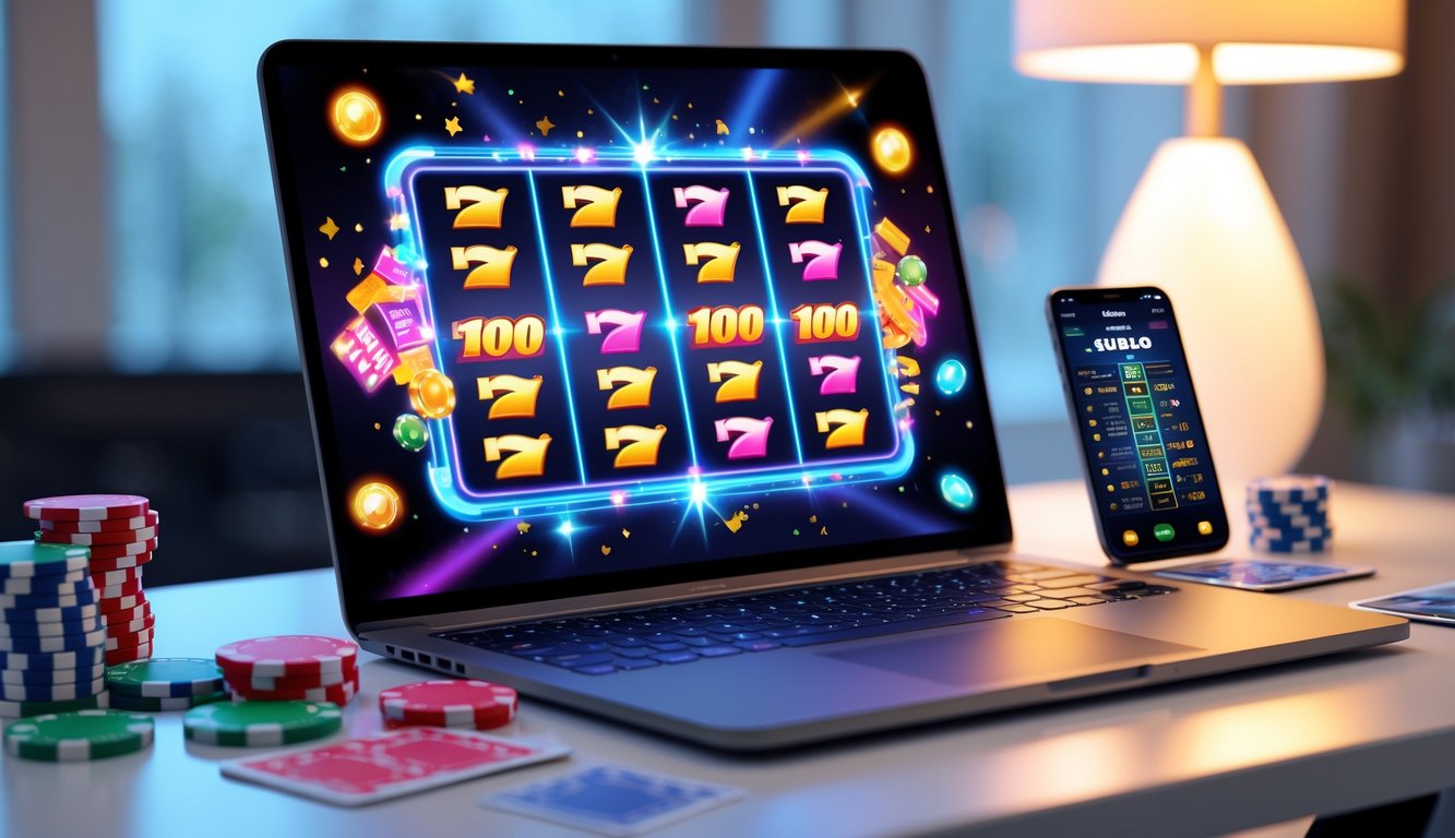Sebuah laptop di atas meja menampilkan layar mesin slot digital dengan lampu warna-warni dan animasi perayaan, dikelilingi oleh chip poker dan kartu remi.