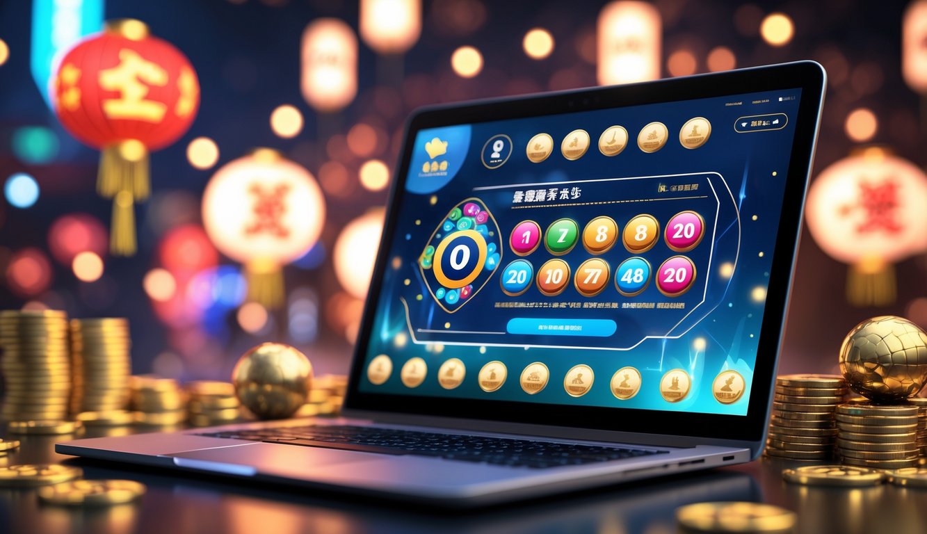 Seorang pengguna duduk di depan komputer yang menampilkan layar permainan judi Toto Macau dengan simbol keberuntungan dan koin emas di sekitar meja.