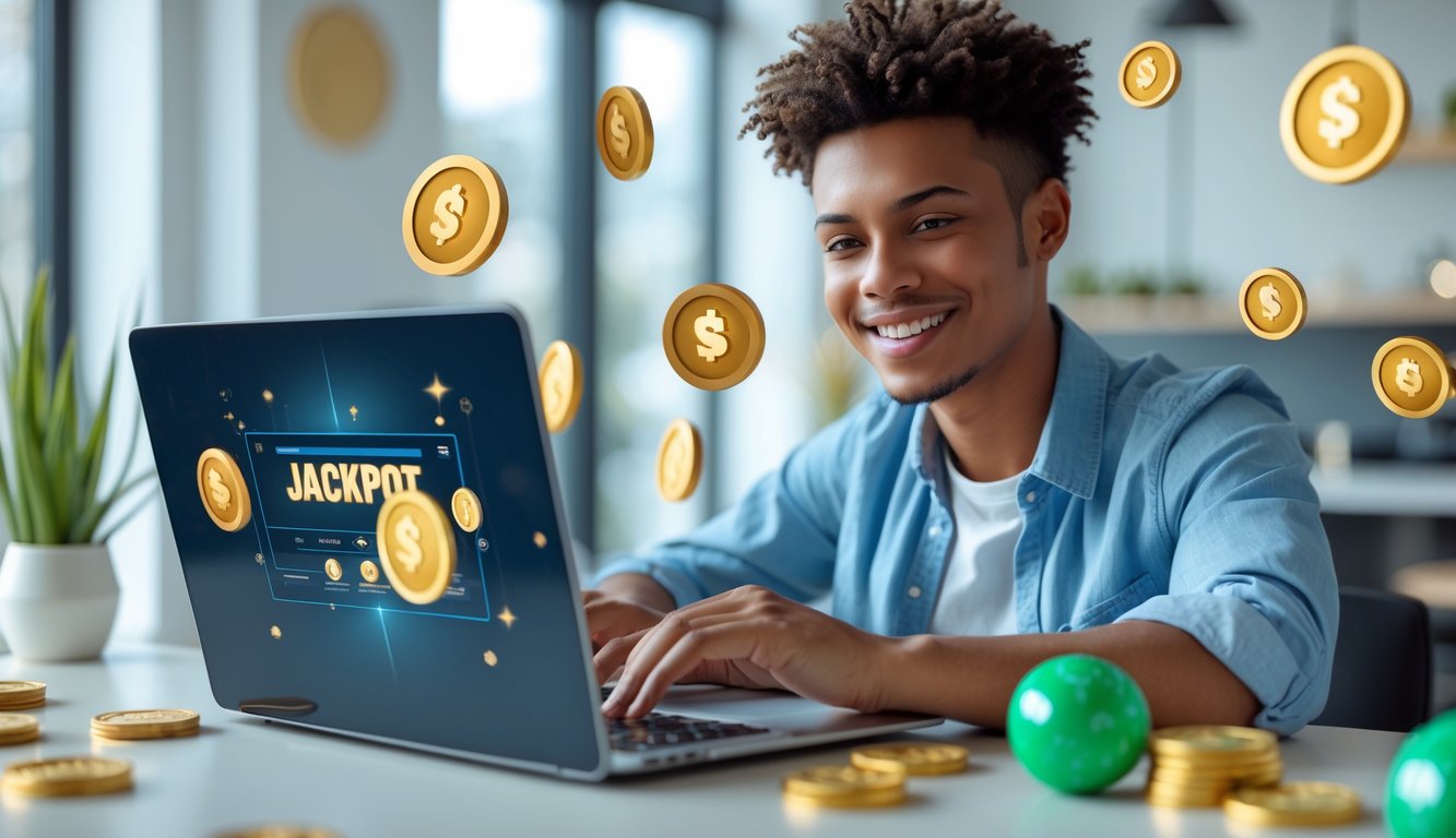 Seorang dewasa muda tersenyum menggunakan laptop di ruang kerja modern dengan simbol keberuntungan seperti koin emas dan bola lotere di sekitarnya.