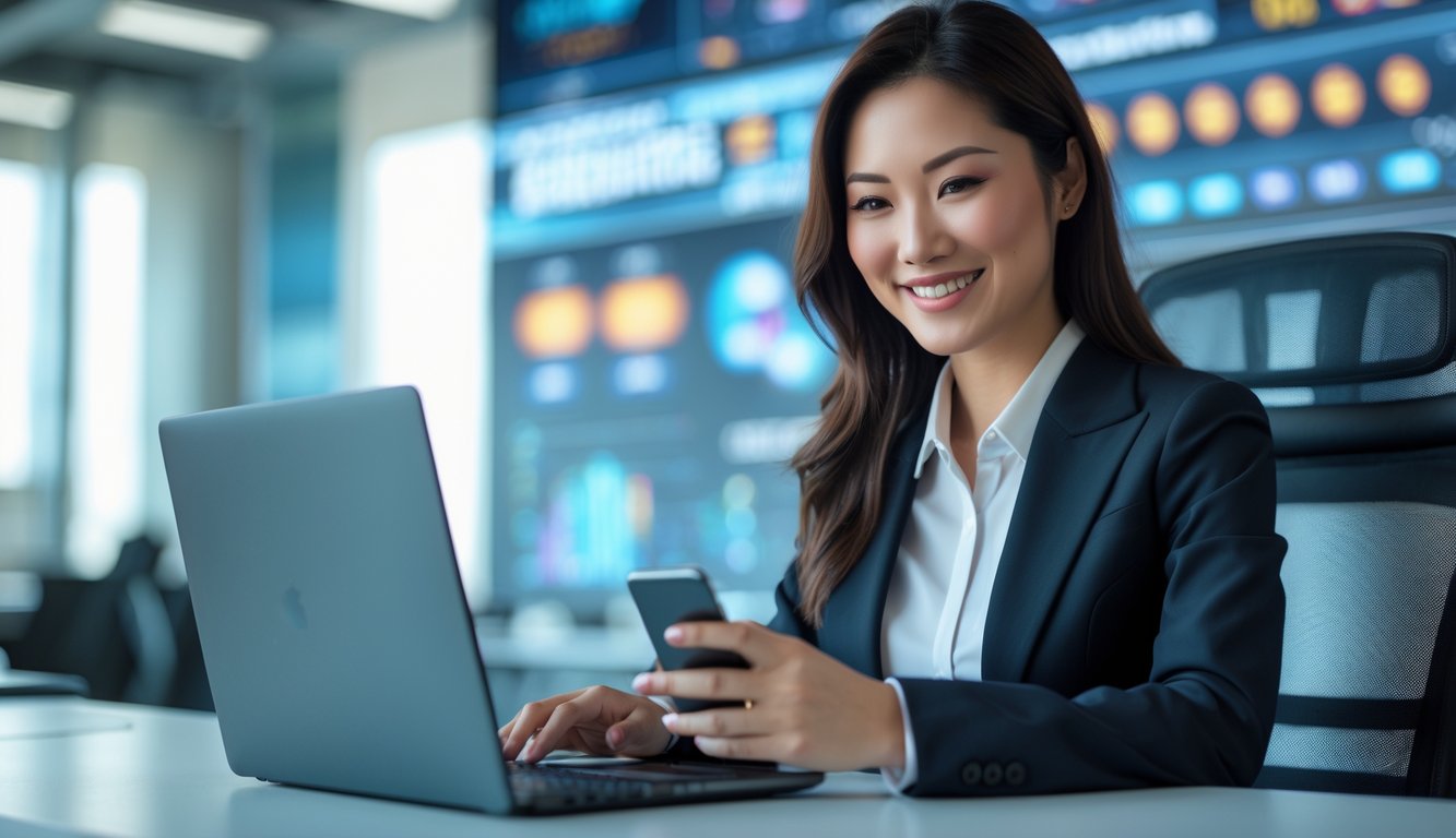 Seorang wanita bisnis Asia yang percaya diri sedang menggunakan laptop dan memegang ponsel di kantor modern.