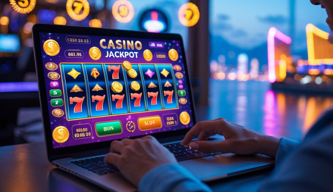 Seorang dewasa menggunakan laptop dengan tampilan permainan kasino online yang penuh warna, latar belakang menunjukkan pemandangan kota Macau dengan lampu neon dan gedung kasino.