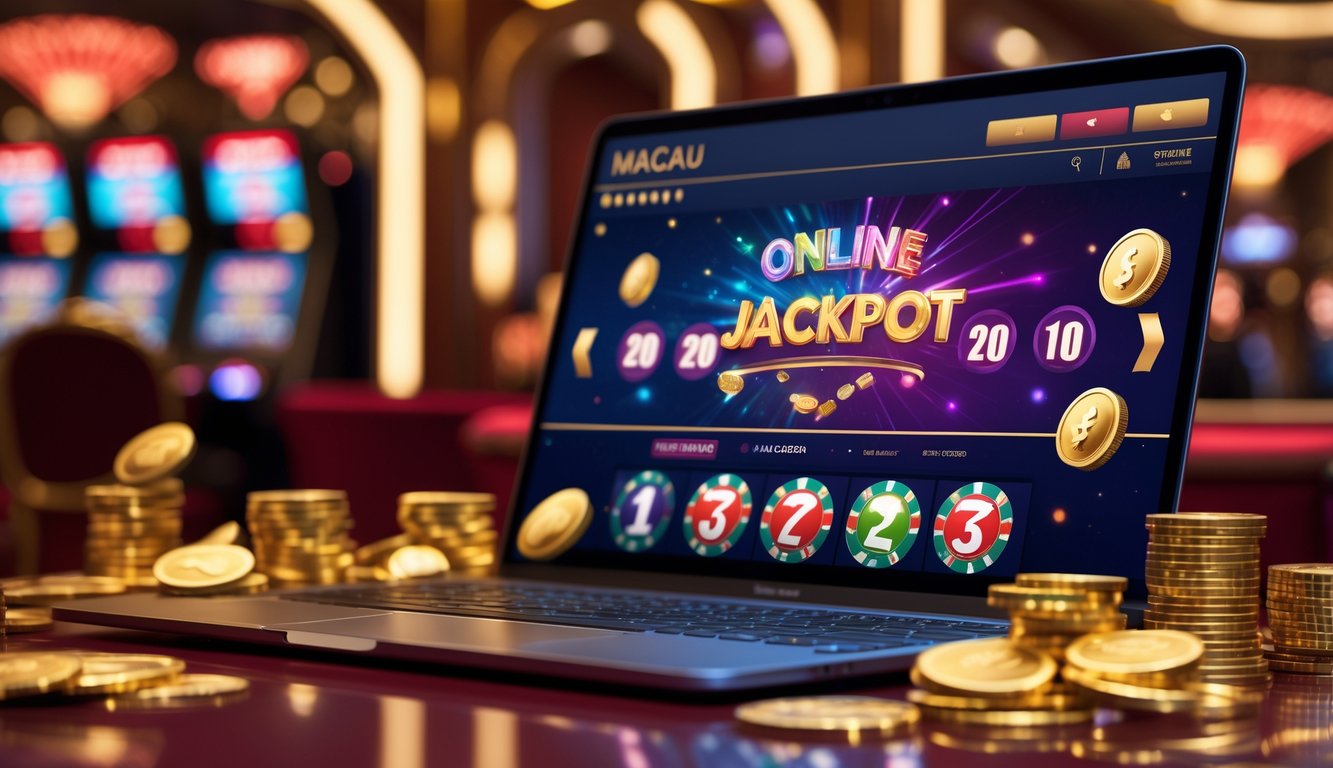 Sebuah layar komputer menampilkan permainan jackpot online dengan koin emas dan chip poker di sekitarnya, di latar belakang suasana kasino mewah.