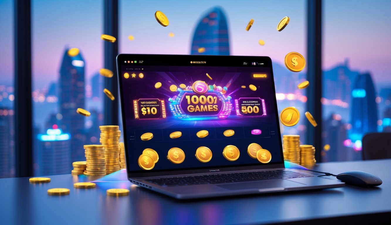 Seorang pria menggunakan laptop di meja kerja modern dengan latar belakang pemandangan kota Macau, menampilkan suasana permainan jackpot online.