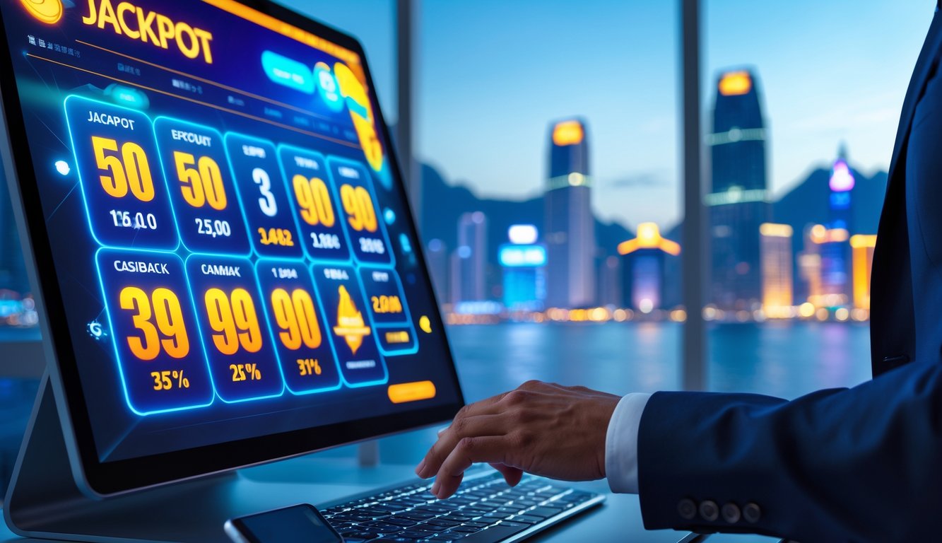 Seseorang menggunakan layar sentuh komputer dengan tampilan grafik jackpot dan cashback, dengan latar belakang kantor modern dan pemandangan kota Macau saat senja.