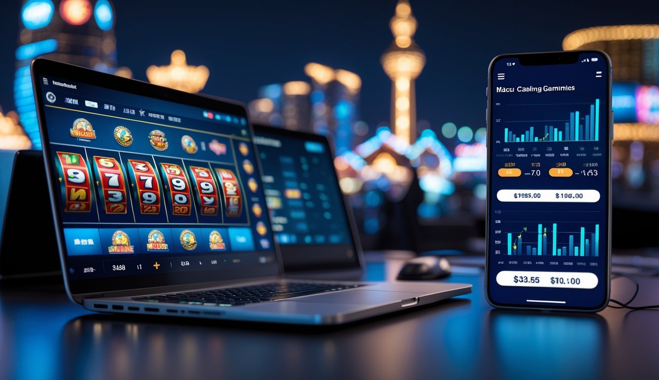 Sebuah meja kerja modern dengan laptop dan ponsel yang menampilkan permainan judi online dan prediksi taruhan, latar belakang kota Macau dengan menara dan kasino.