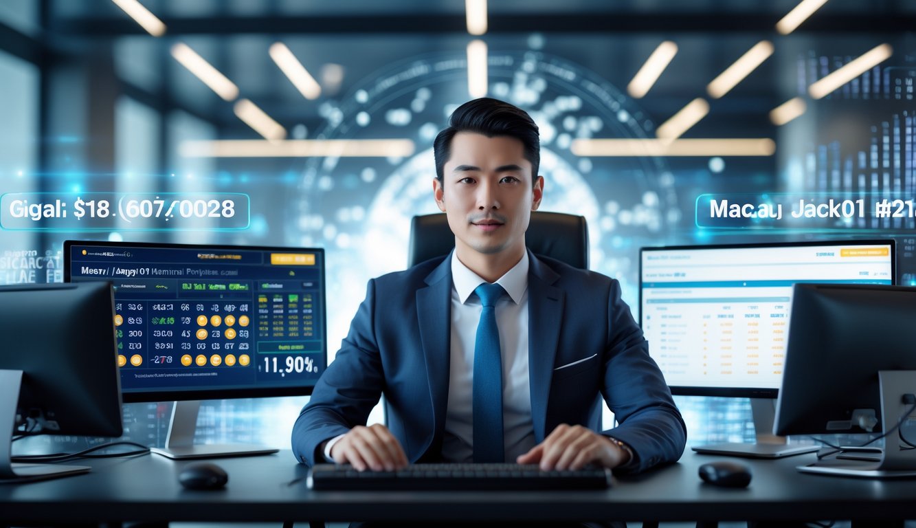 Seorang pria percaya diri duduk di meja dengan beberapa layar komputer yang menampilkan data dan angka lotere, di kantor modern yang terang dan rapi.