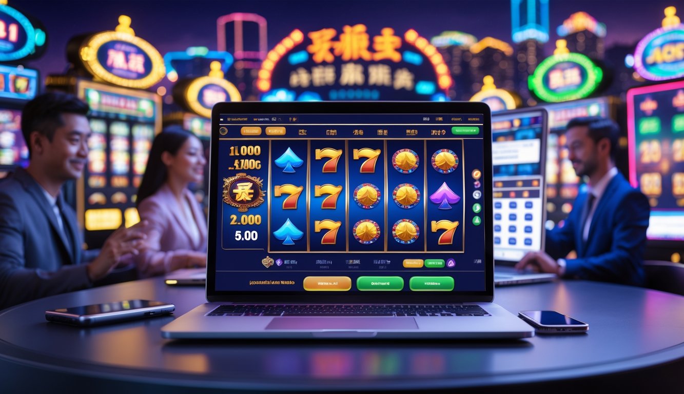 Orang-orang menggunakan laptop dan ponsel untuk bermain permainan jackpot online dengan latar belakang kota Macau dan lampu kasino.