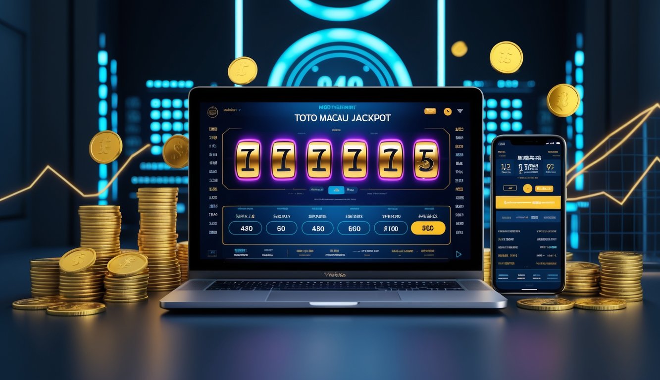 Seorang pria menggunakan laptop dan ponsel pintar dengan tampilan angka jackpot dan elemen teknologi di sekitarnya.