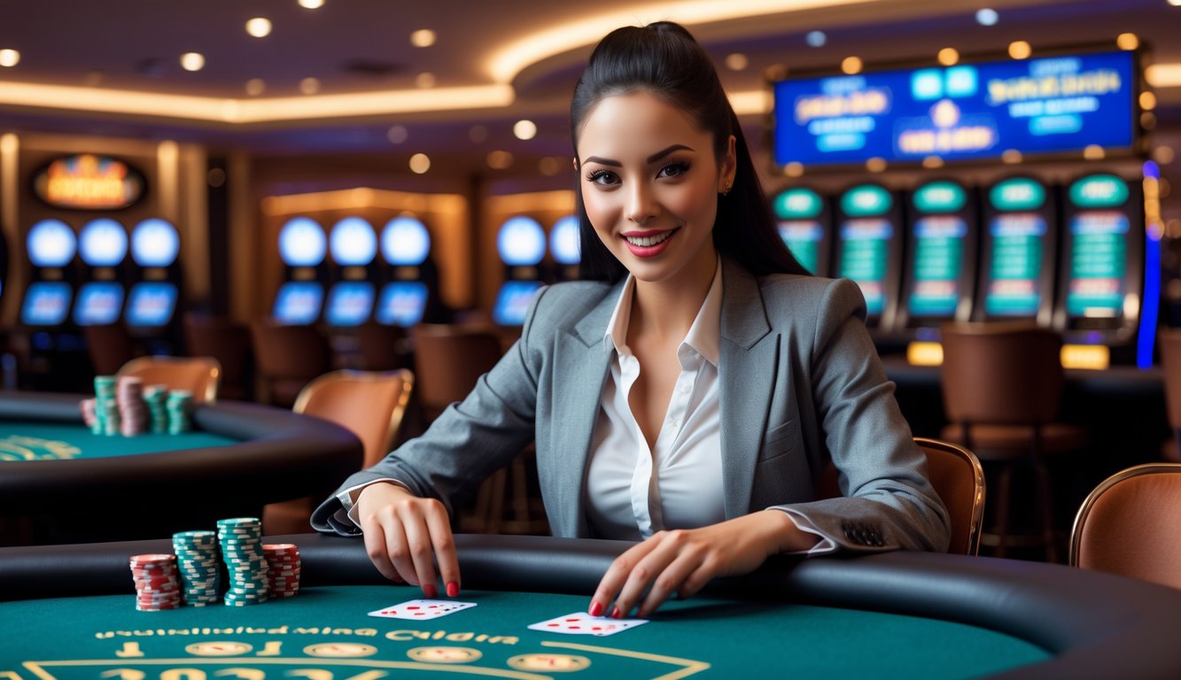 Seorang wanita muda duduk di meja blackjack di kasino, fokus pada kartu di tangannya dengan latar belakang suasana kasino yang terang dan modern.