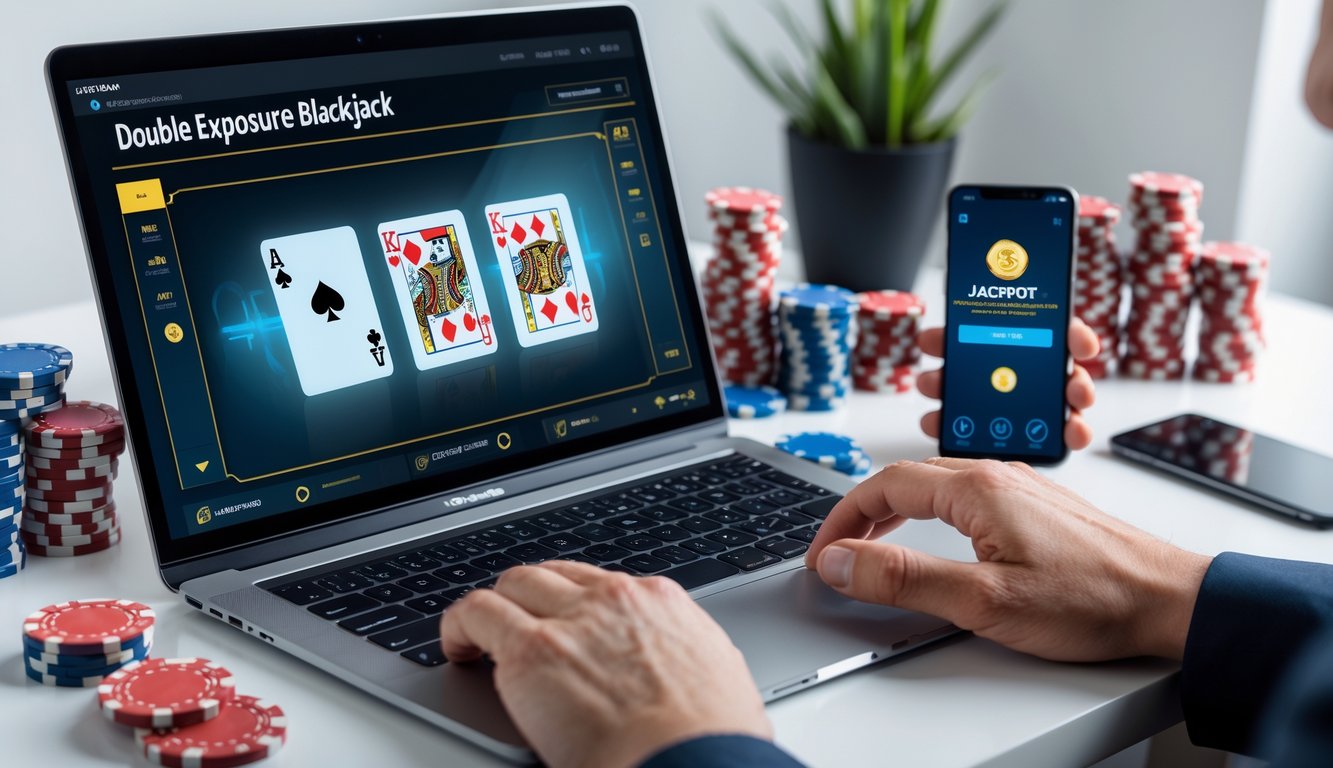 Seseorang bermain blackjack online di komputer dengan kartu dan chip poker di meja.