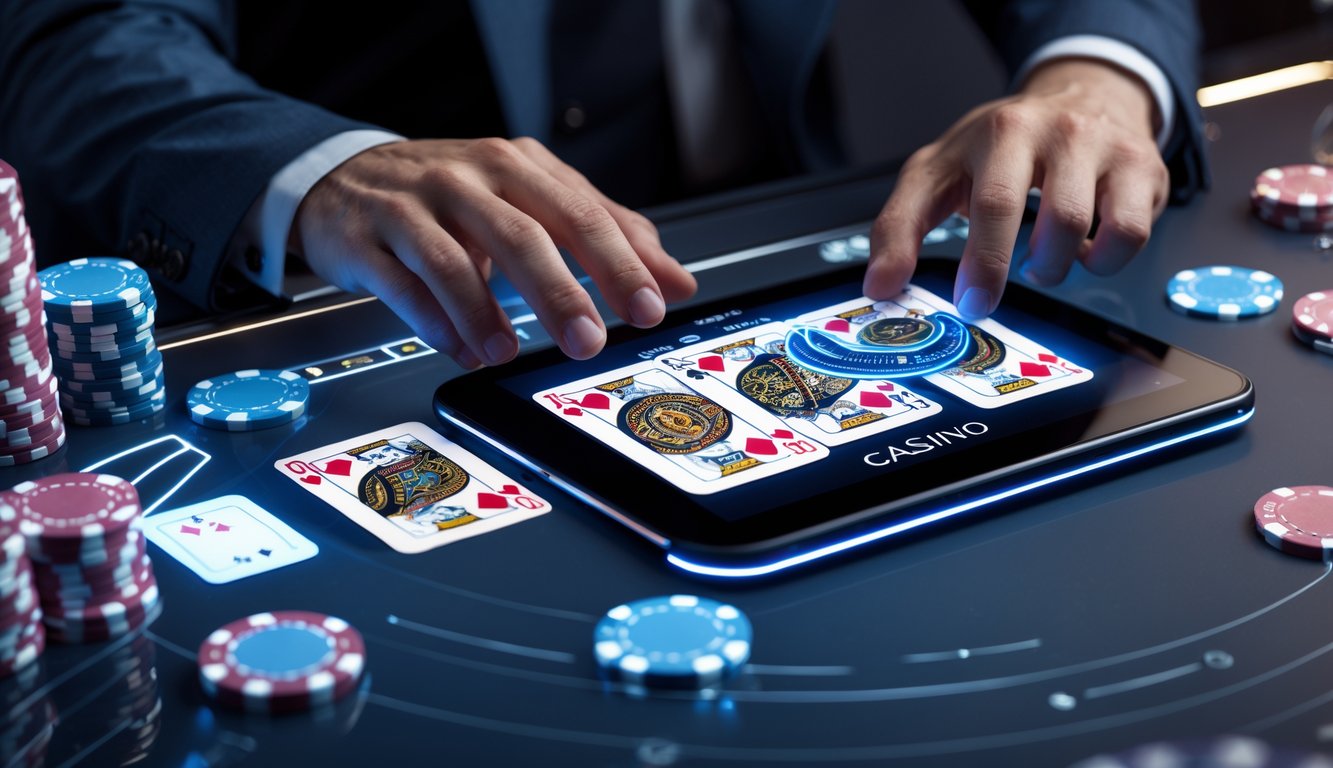 Seorang pemain sedang bermain blackjack online dengan tampilan kartu ganda dan efek cahaya di meja permainan digital.