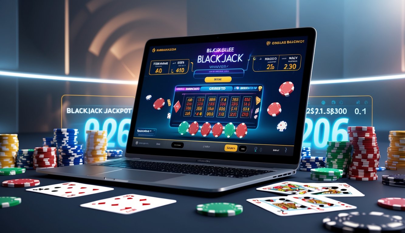 Seorang pemain sedang menggunakan laptop dengan permainan blackjack online dan tumpukan chip poker di meja.