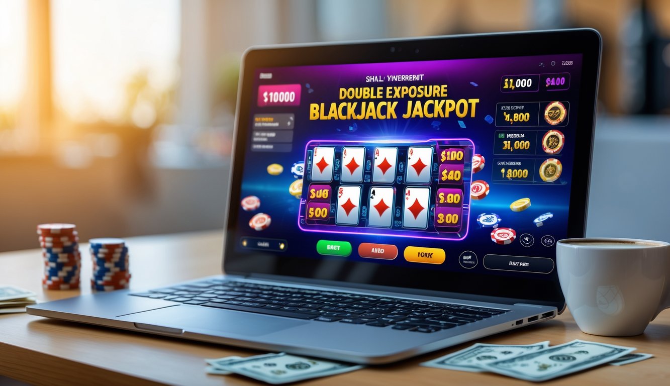 Seseorang bermain blackjack online di laptop dengan chip poker dan uang di meja, suasana nyaman di rumah.