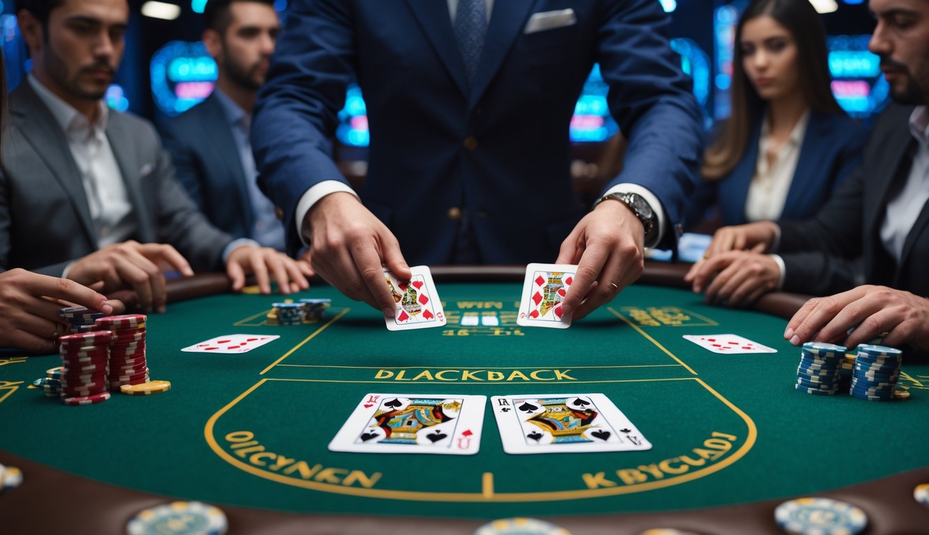 Seorang dealer membagikan kartu di meja blackjack dengan pemain yang fokus, menampilkan suasana kasino dengan elemen digital dan tumpang tindih kartu.