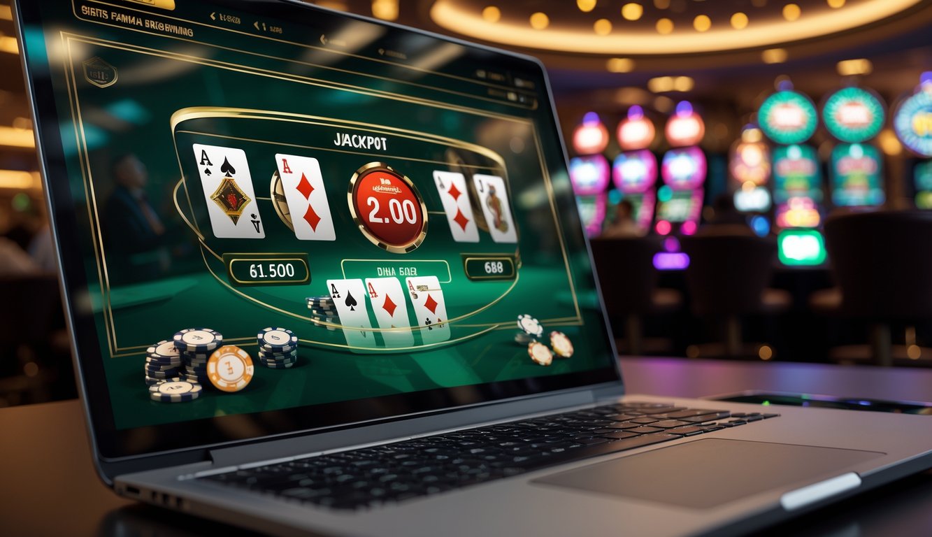 Suasana permainan blackjack online dengan kartu, chip, dan tampilan jackpot yang menyala di latar belakang kasino.