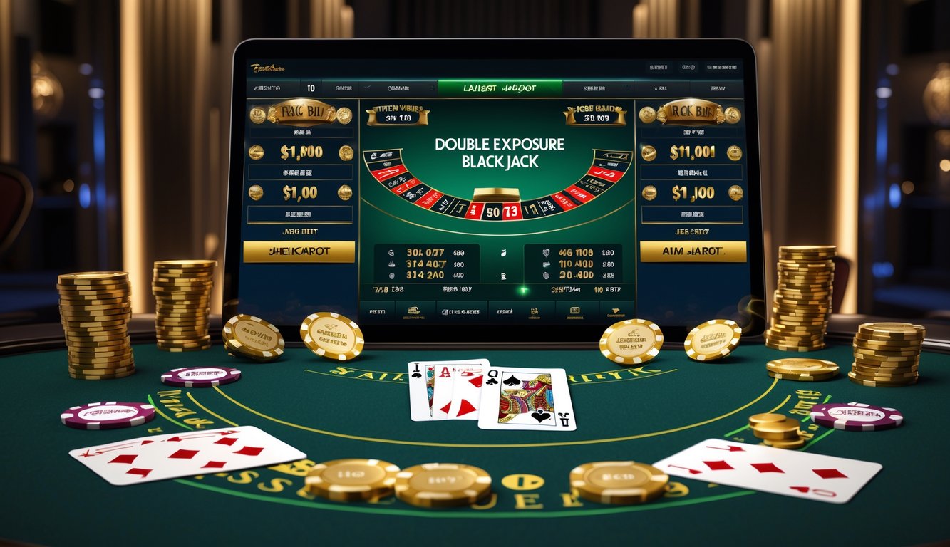 Suasana meja blackjack online dengan kartu terbuka ganda dan indikator jackpot yang menyala di latar belakang kasino gelap.