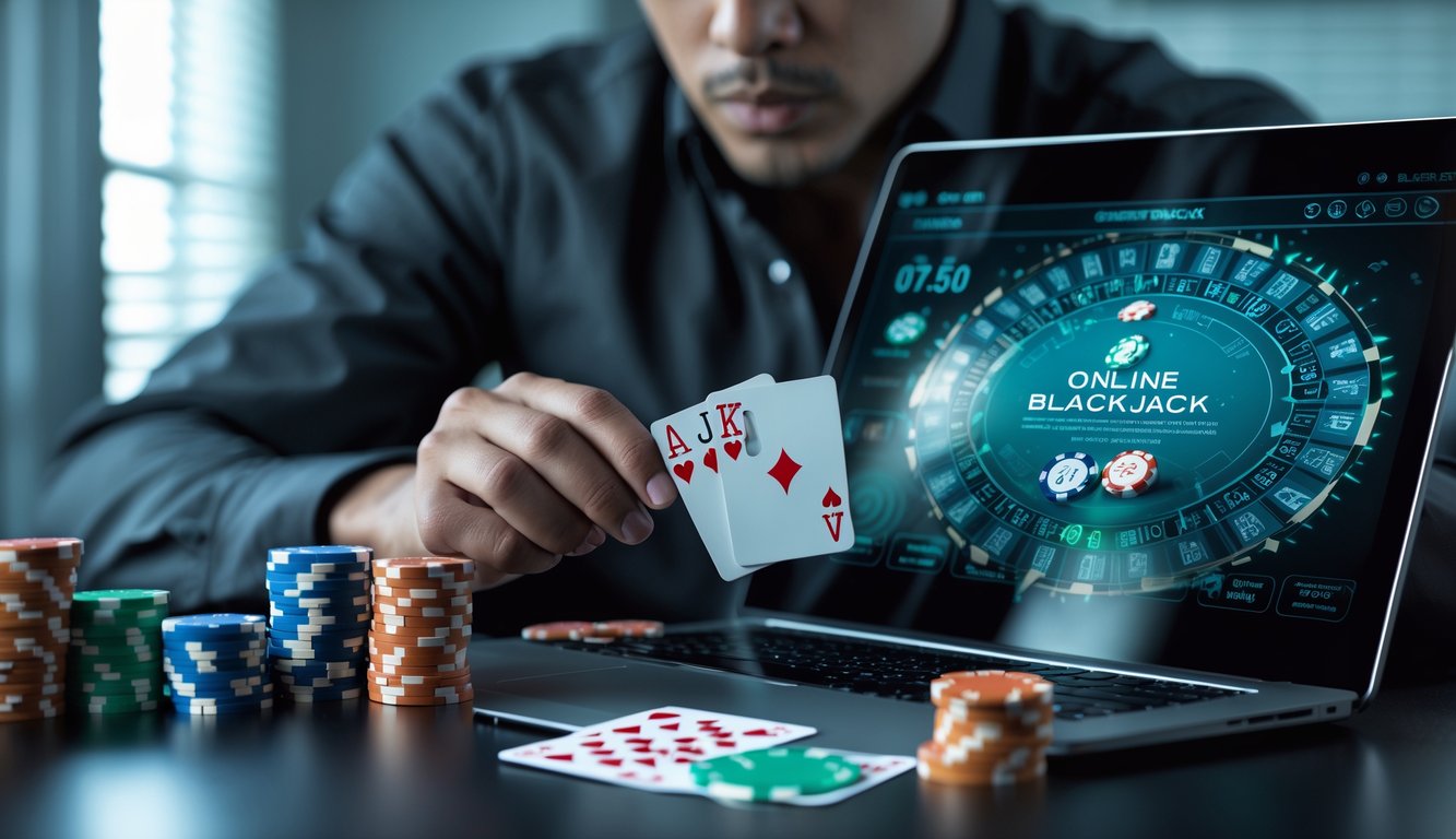 Seorang pemain fokus melihat kartu blackjack di depan laptop dengan tumpukan chip kasino di meja.
