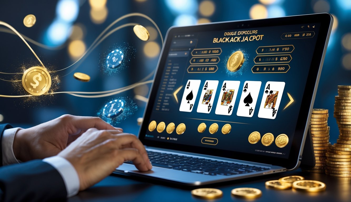 Tangan pemain yang sedang bermain blackjack online di layar perangkat dengan latar belakang suasana kasino digital yang modern.