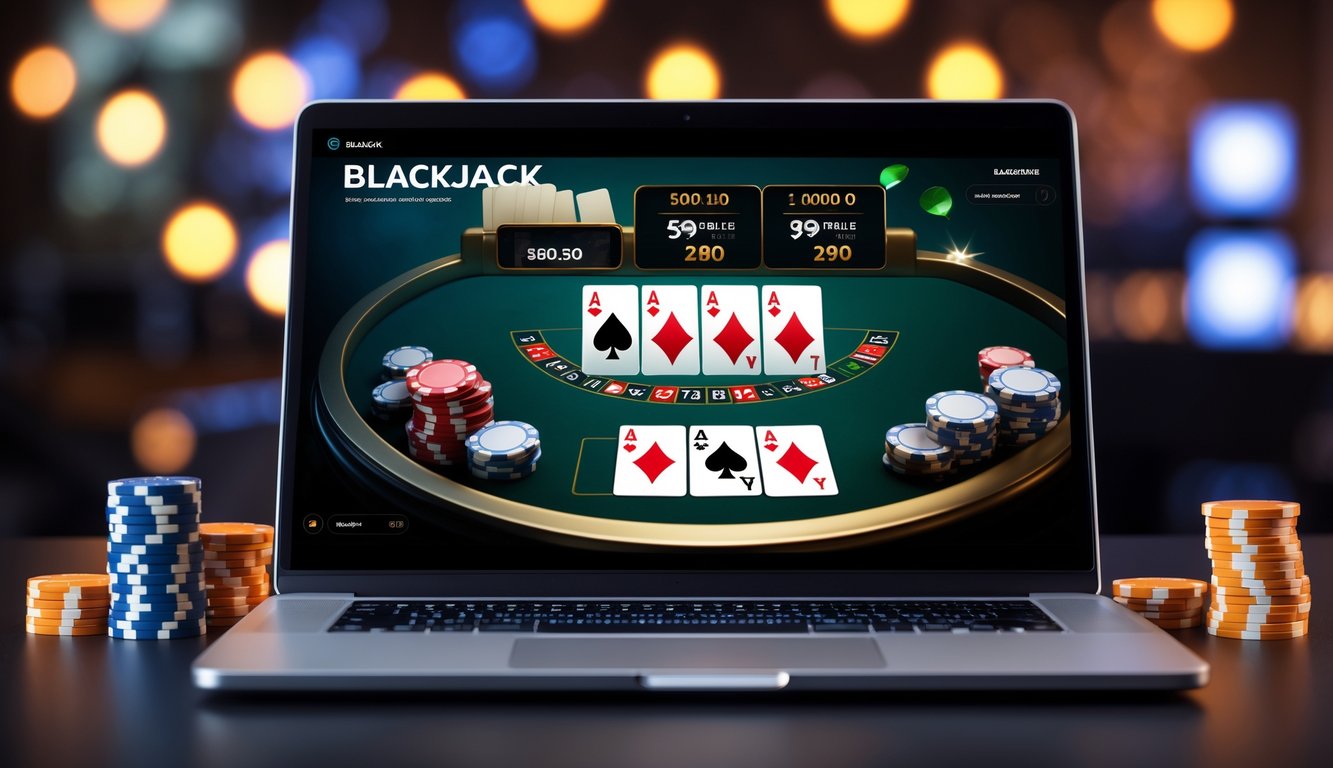 Seorang pemain berjudi online dengan layar komputer menampilkan permainan blackjack dan tumpukan chip di sekitarnya.