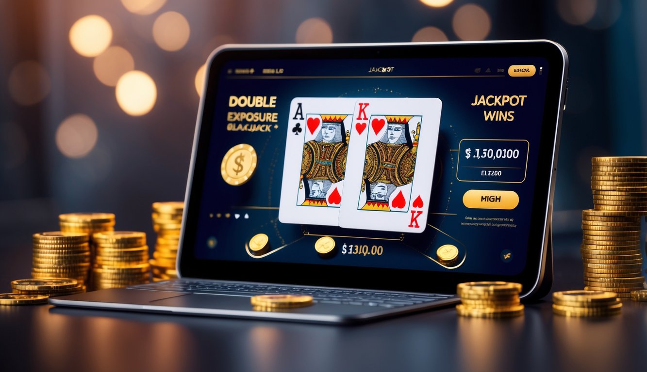 Sebuah layar perangkat digital menampilkan permainan blackjack dengan dua kartu yang tumpang tindih, dikelilingi oleh tumpukan chip poker dan koin emas yang bersinar.