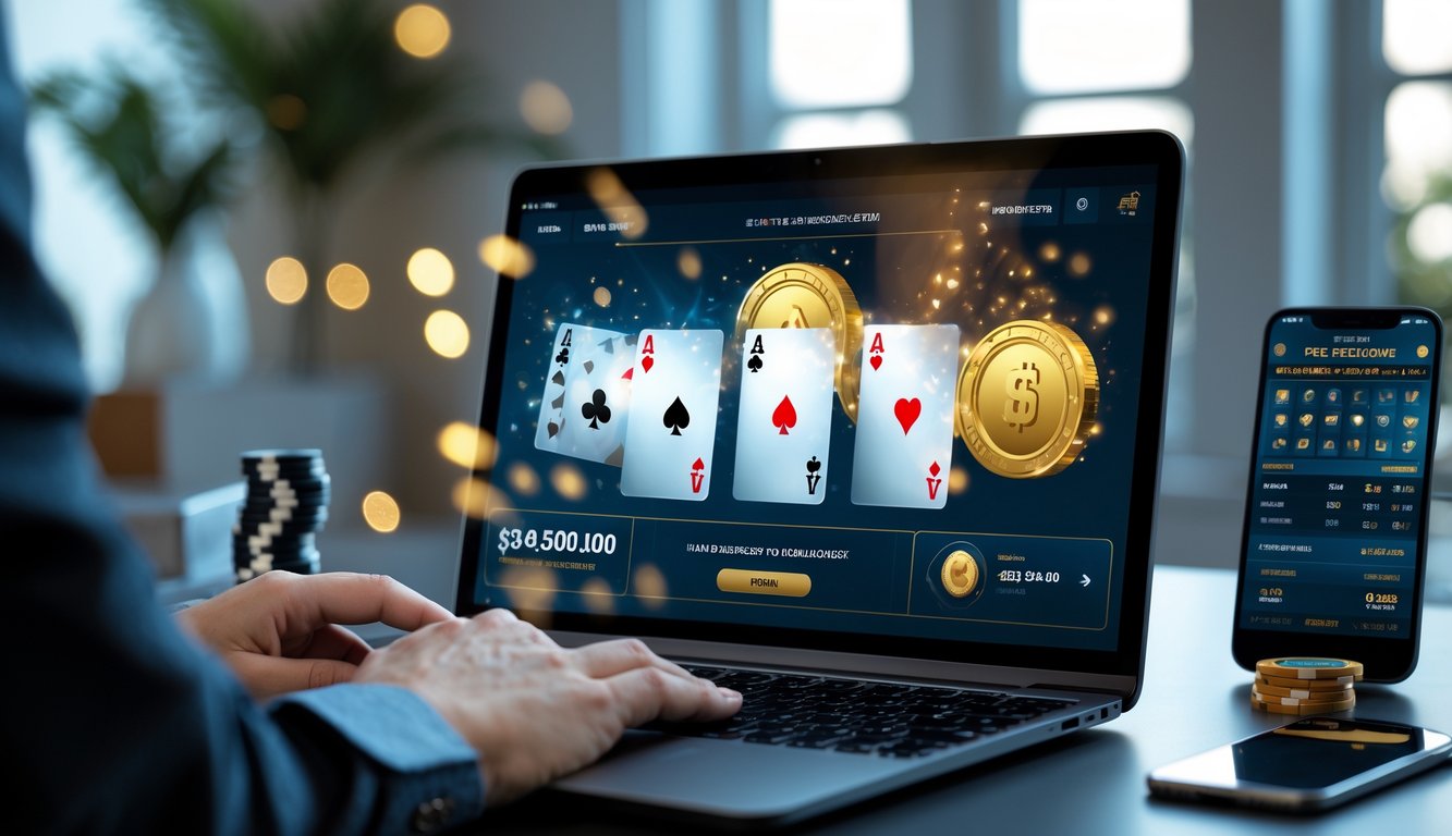 Seorang profesional sedang bermain blackjack online di laptop dengan kartu dan simbol jackpot di layar, di meja kerja dengan tumpukan chip poker dan ponsel.