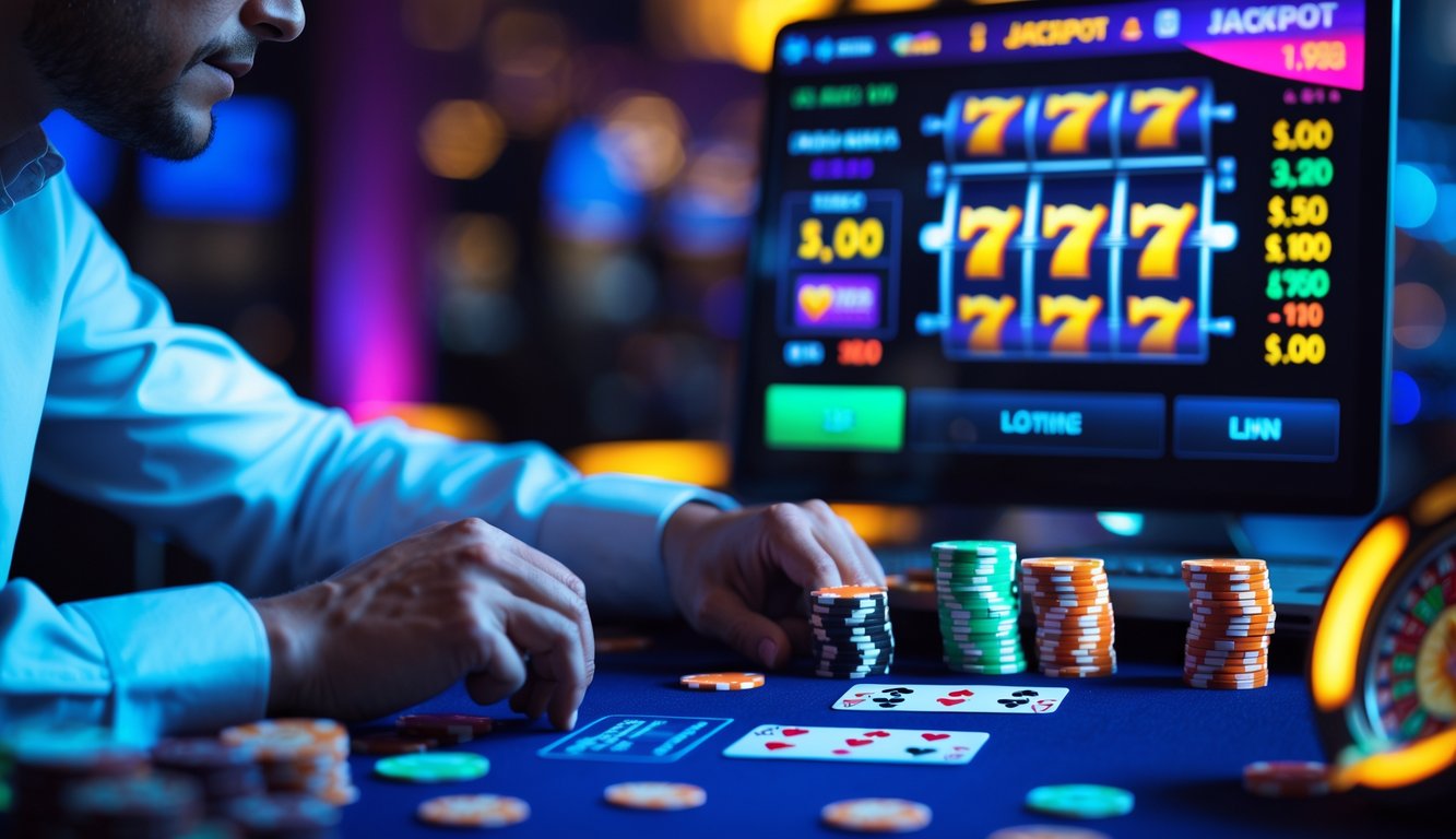 Seorang pemain di depan meja blackjack dengan kartu dan chip, latar belakang menampilkan layar permainan jackpot online yang menyala.