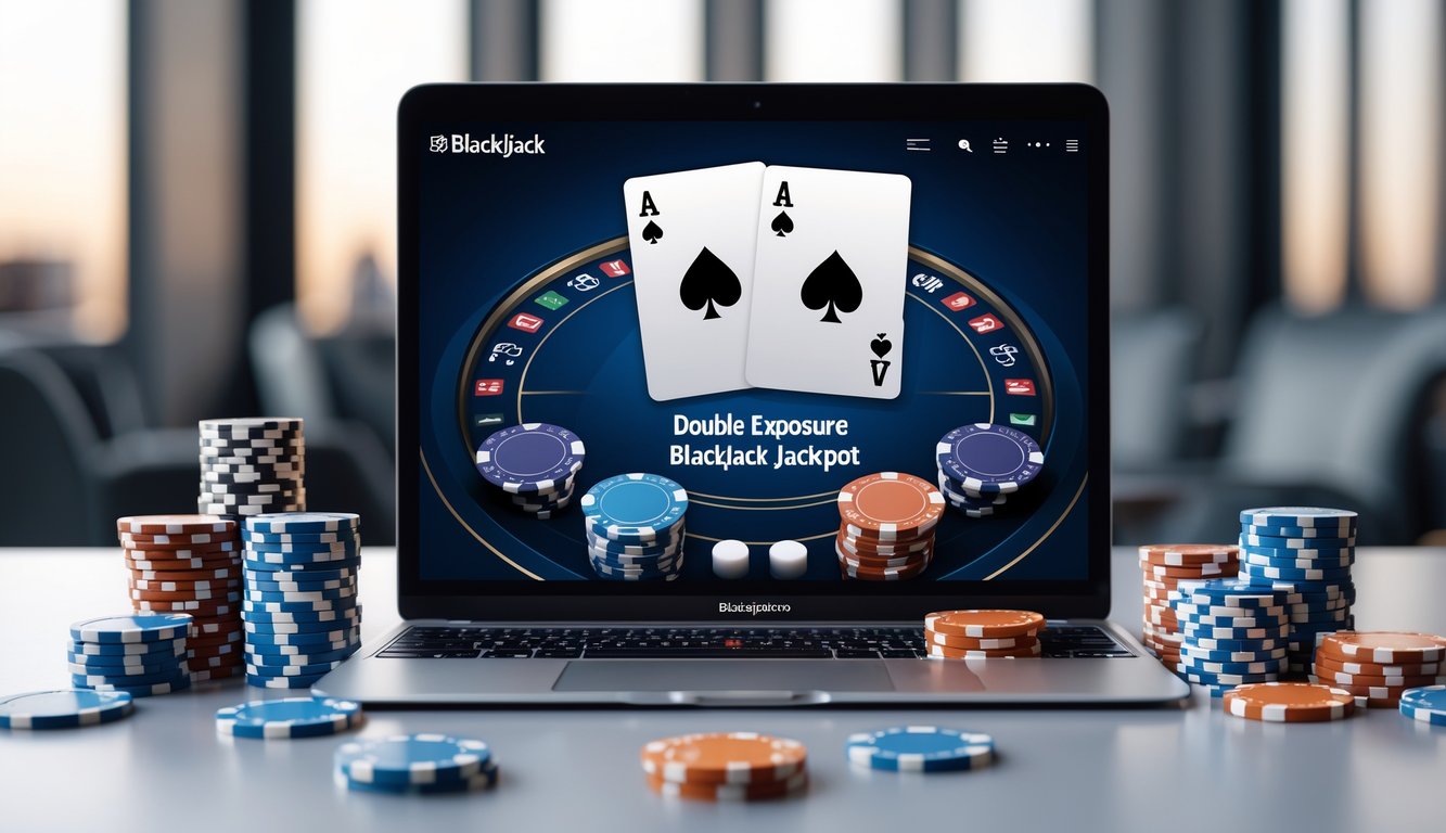 Suasana permainan blackjack online dengan kartu terbuka ganda di layar perangkat digital, dikelilingi oleh tumpukan chip kasino dan elemen jackpot.