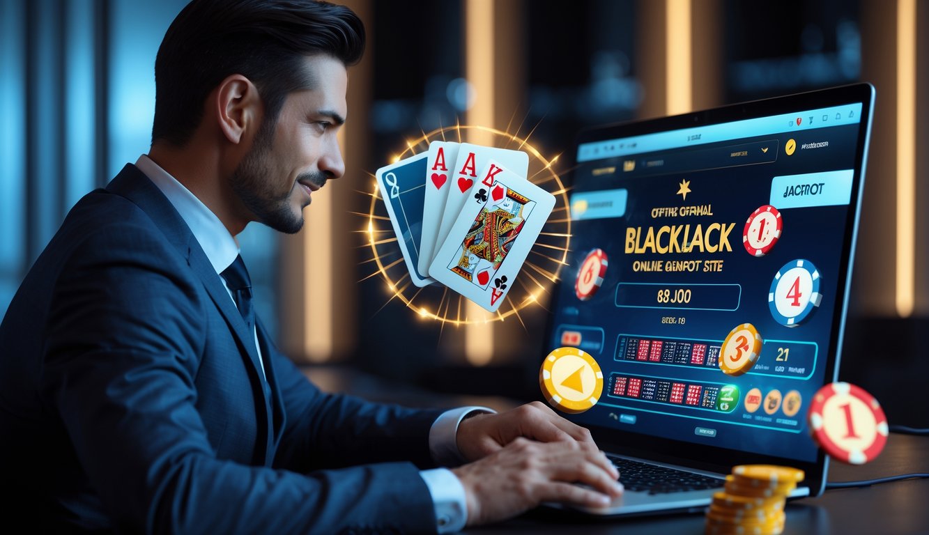 Seorang pria berpakaian rapi duduk di depan laptop dengan tampilan permainan blackjack dan elemen jackpot yang terlihat transparan di latar belakang.